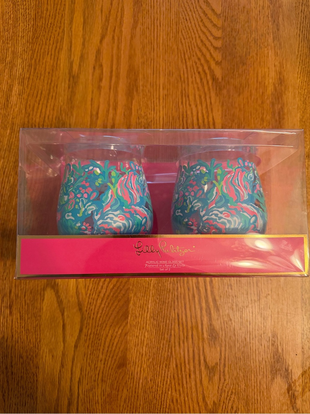 Lilly Pulitzer Turquoise & Pink Floral Acrylic Stemless Glasses - Set of 2